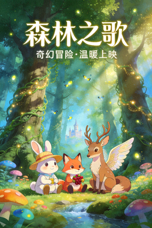 动漫电影《森林之歌》海报，奇幻森林与动物角色