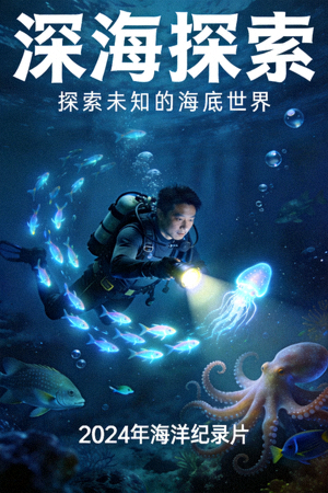 纪录片《深海探索》海报，潜水员与海洋生物互动