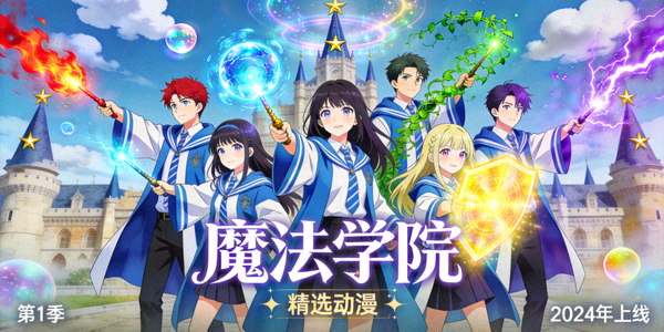 精选动漫《魔法学院》海报，魔法学校学生施展法术场景