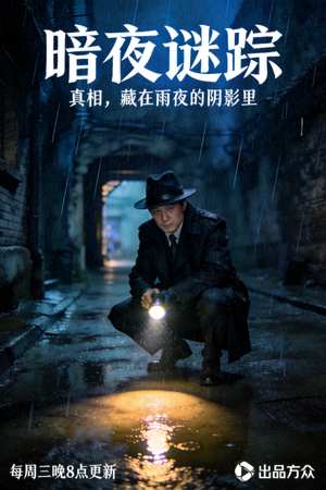 悬疑剧《暗夜谜踪》海报，侦探在雨夜调查场景